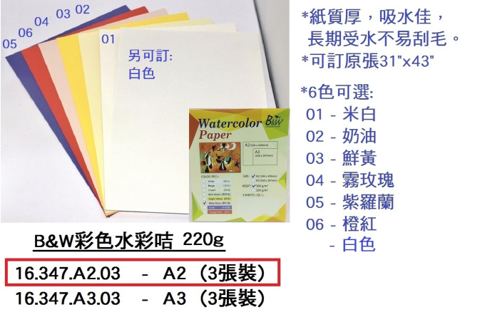 16.347.A2.03 _B&amp;W彩色水彩咭A2 220g (3張裝)