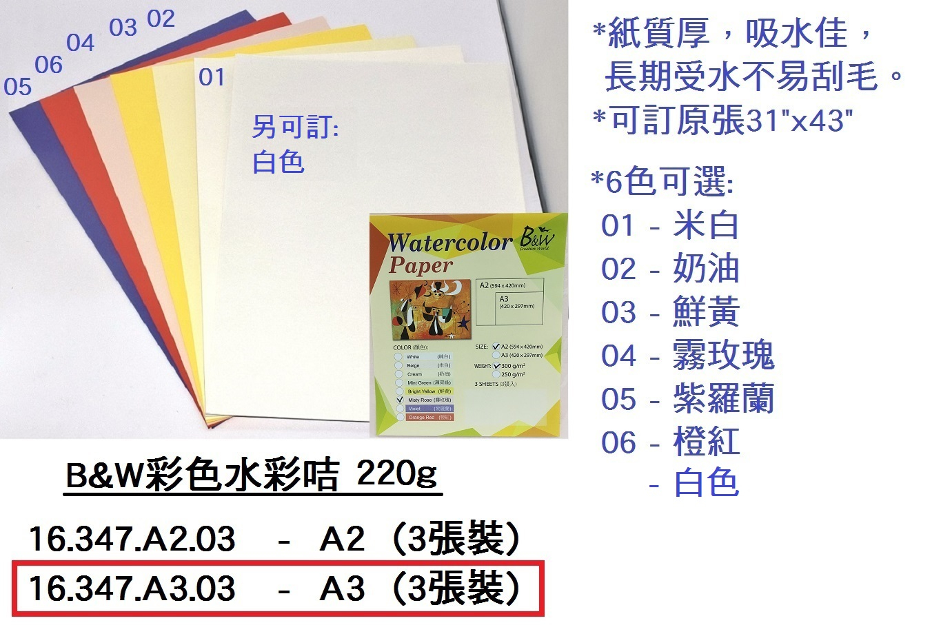 16.347.A3.03 _B&amp;W彩色水彩咭A3 220g (3張裝)