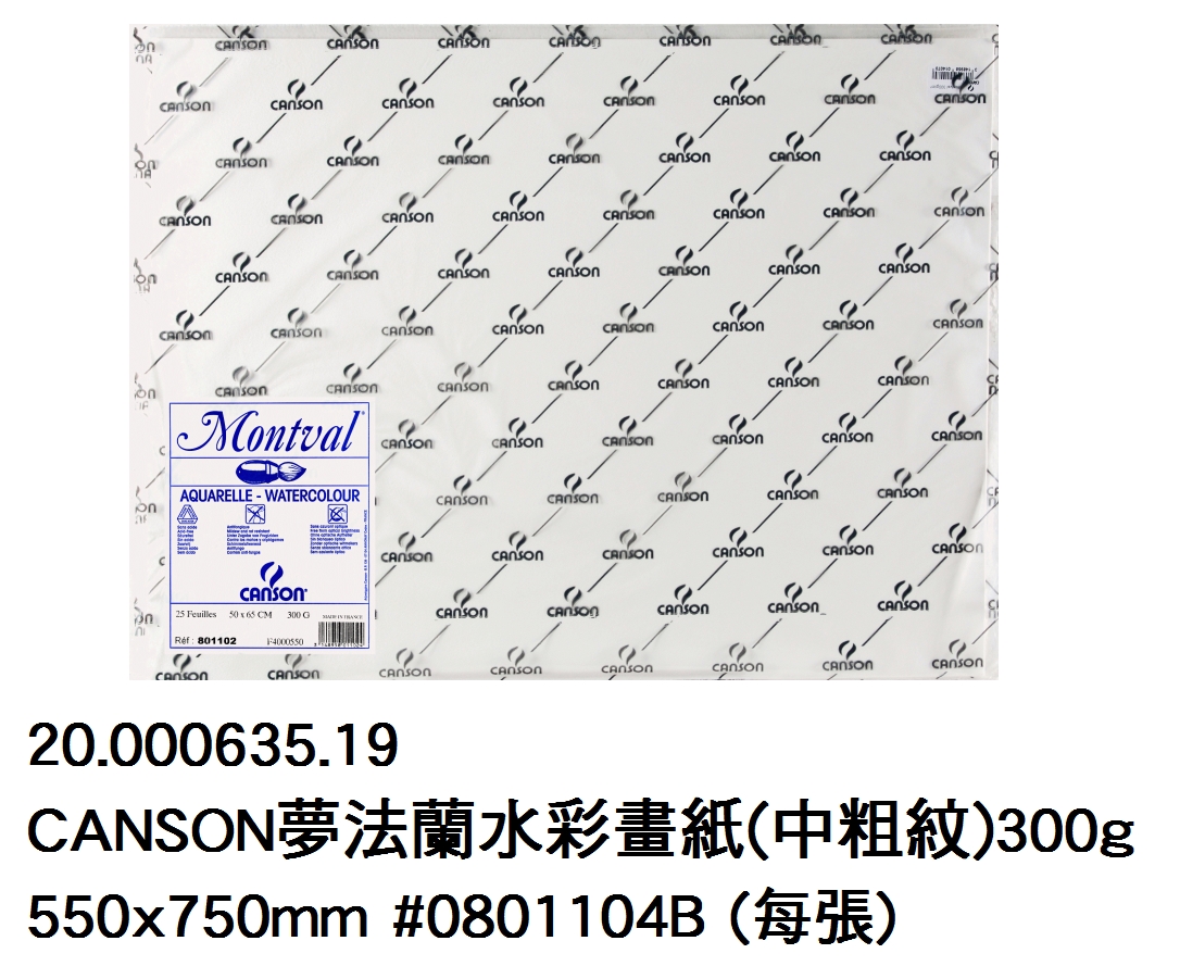 20.000635.19 _CANSON夢法蘭水彩畫紙(中粗紋)300g 550x750mm #0801104B(每張)