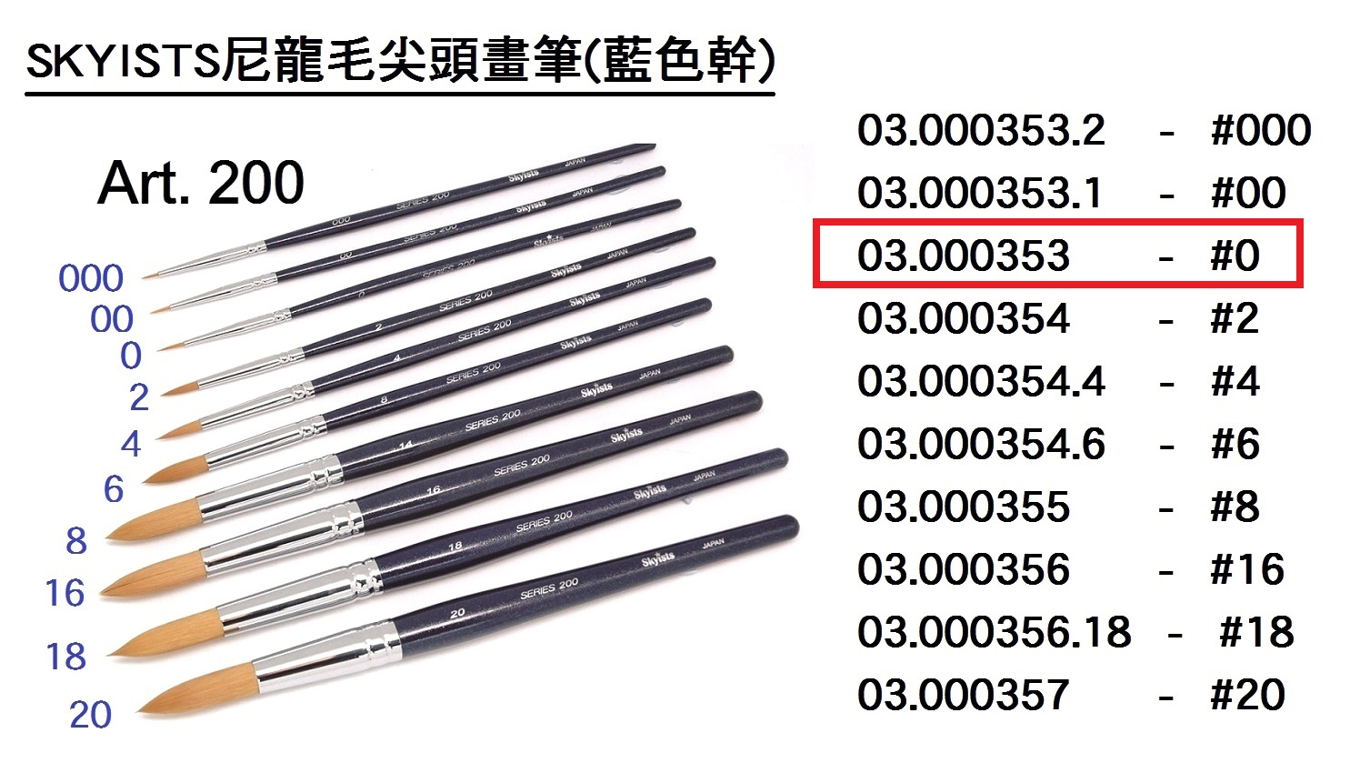03.000353 _SKYISTS尼龍毛尖頭畫筆(藍色幹)S200-0