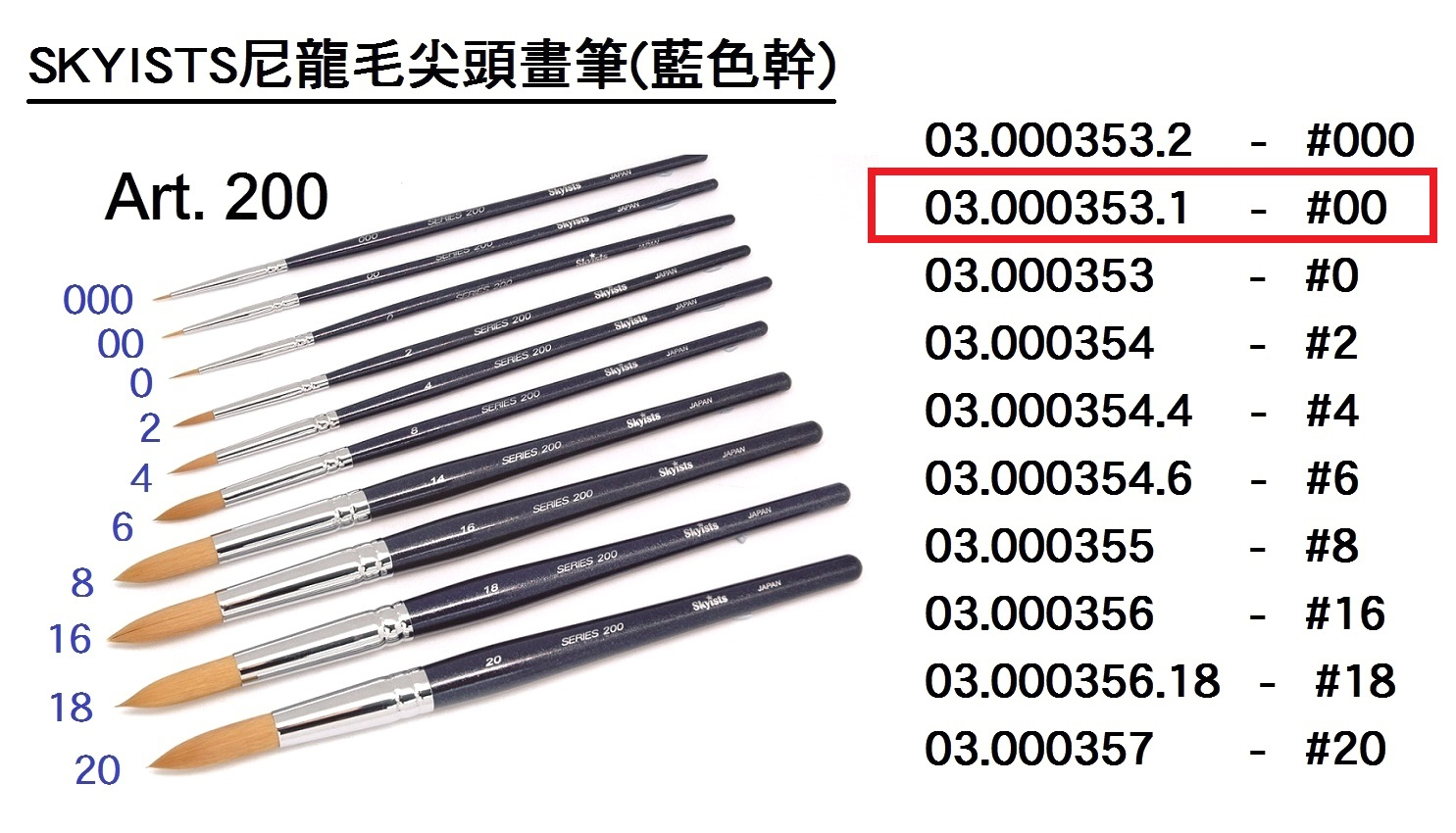 03.000353.1 _SKYISTS尼龍毛尖頭畫筆(藍色幹)S200-00