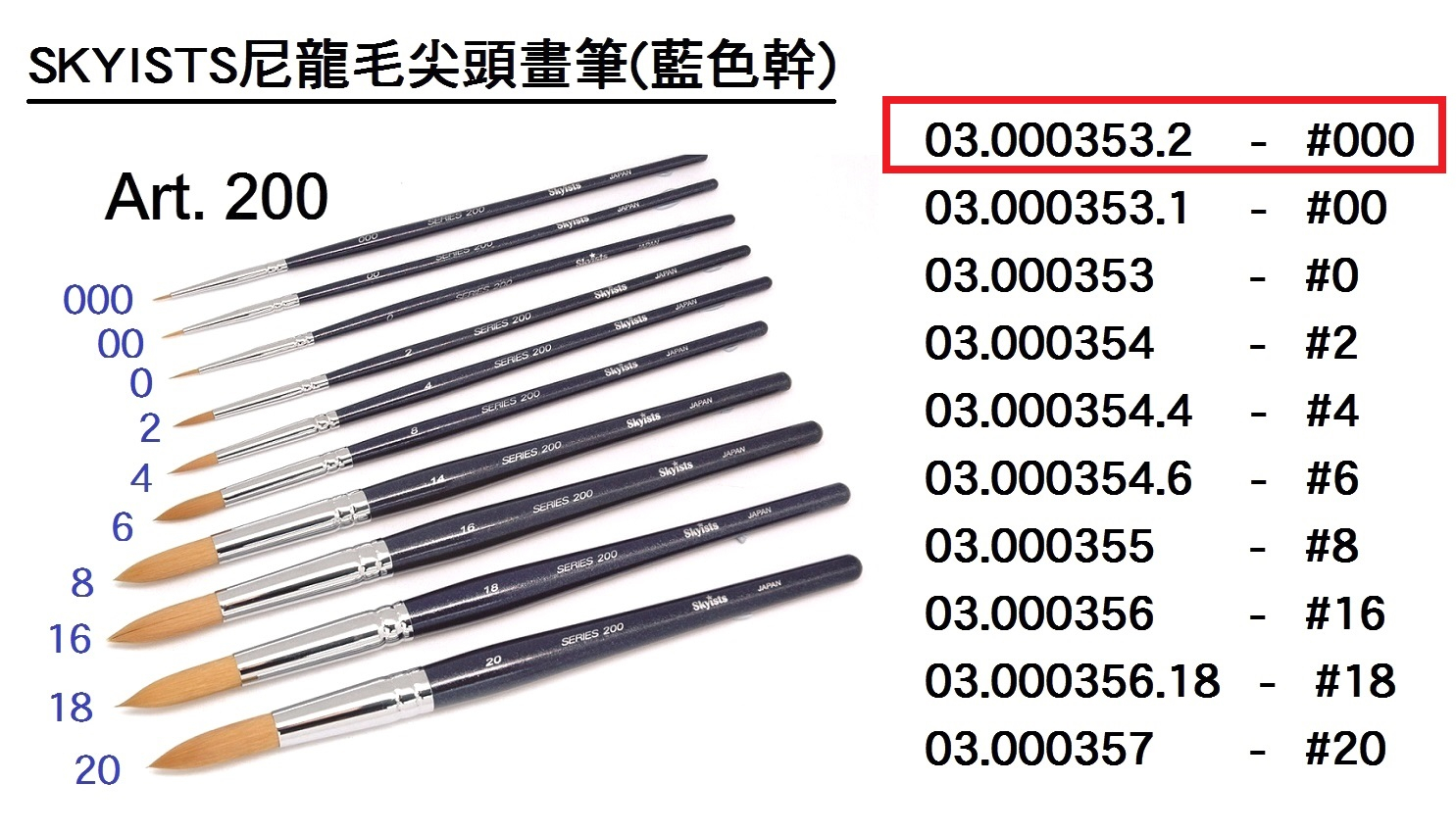 03.000353.2 _SKYISTS尼龍毛尖頭畫筆(藍色幹)S200-000