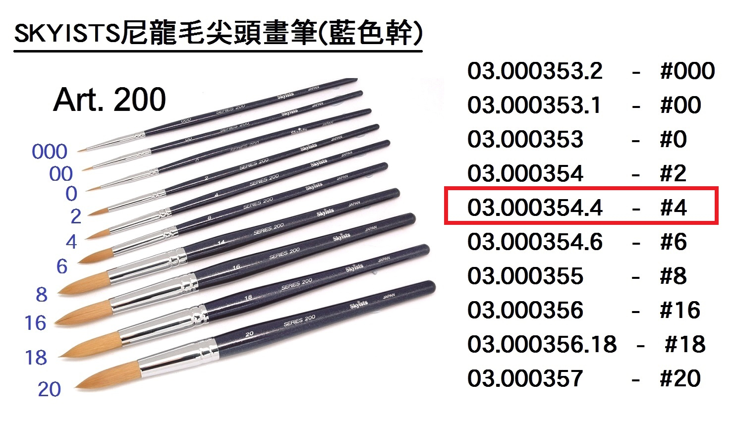 03.000354.4 _SKYISTS尼龍毛尖頭畫筆(藍色幹)S200-4
