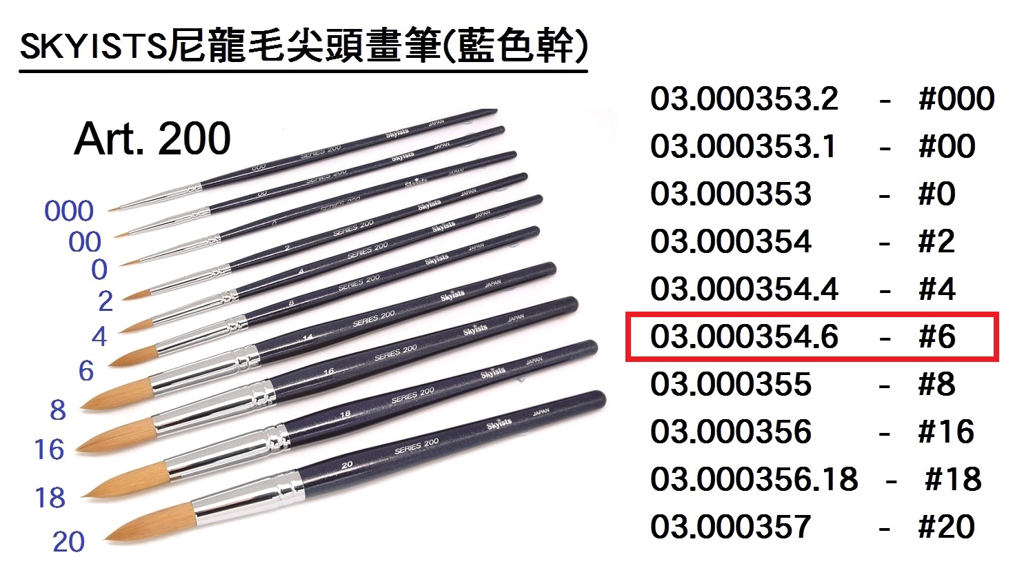 03.000354.6 _SKYISTS尼龍毛尖頭畫筆(藍色桿)S200-6