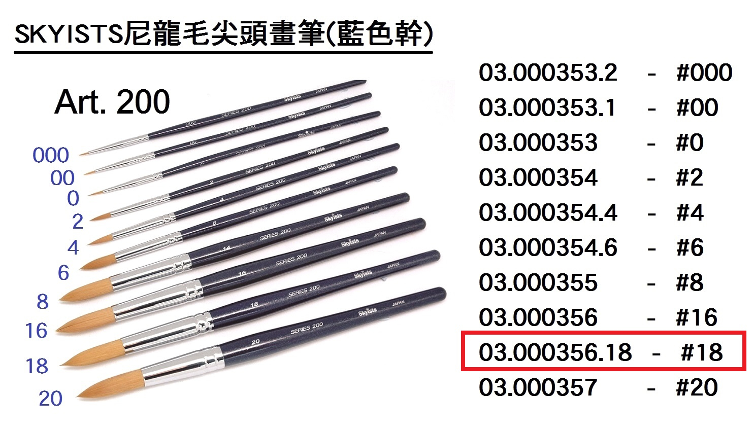 03.000356.18 _SKYISTS尼龍毛尖頭畫筆(藍色幹)S200-18
