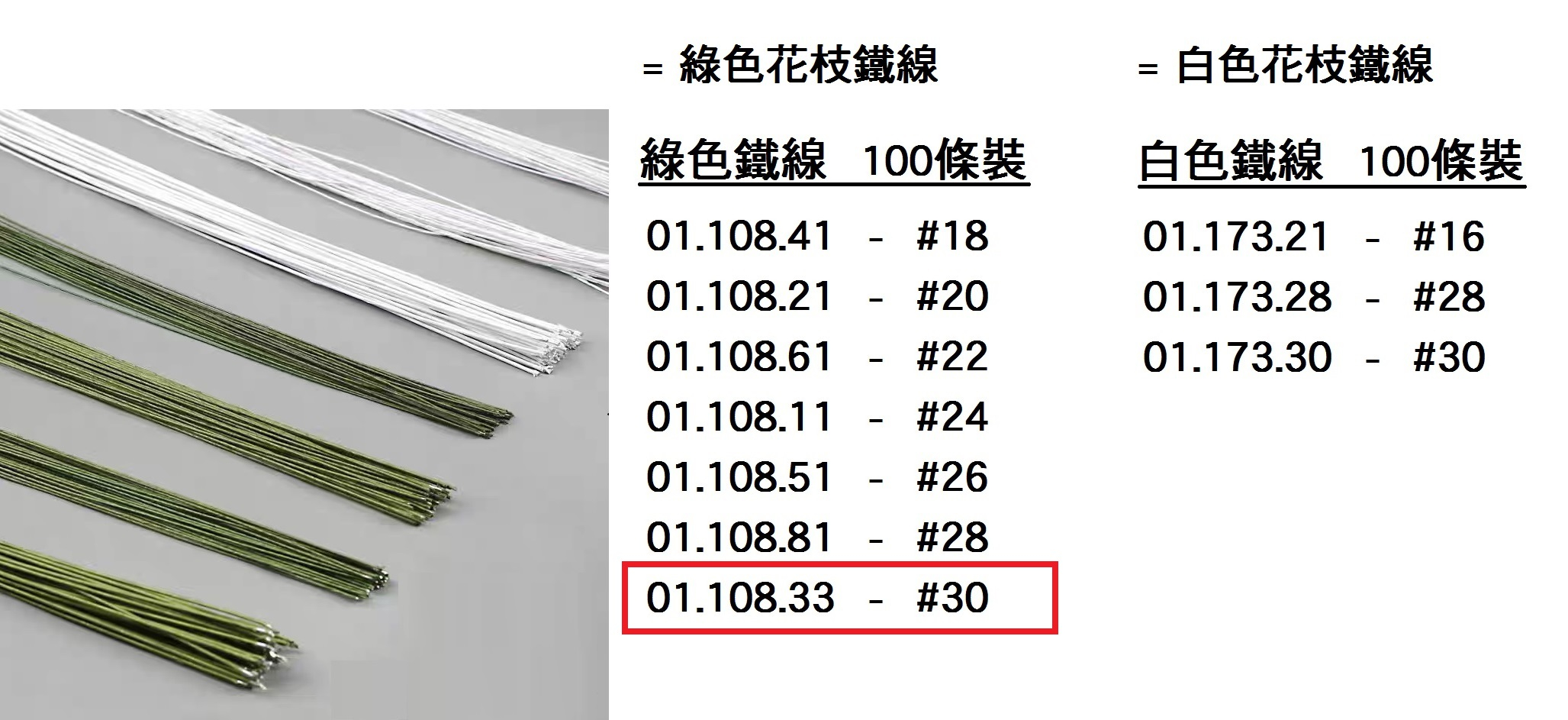 01.108.33 _綠色鐵線 #30  100pcs