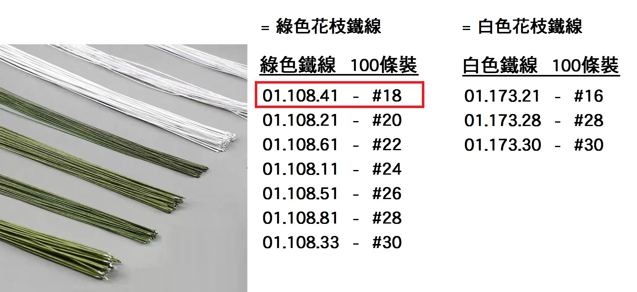 01.108.41 _綠色鐵線 #18  100pcs
