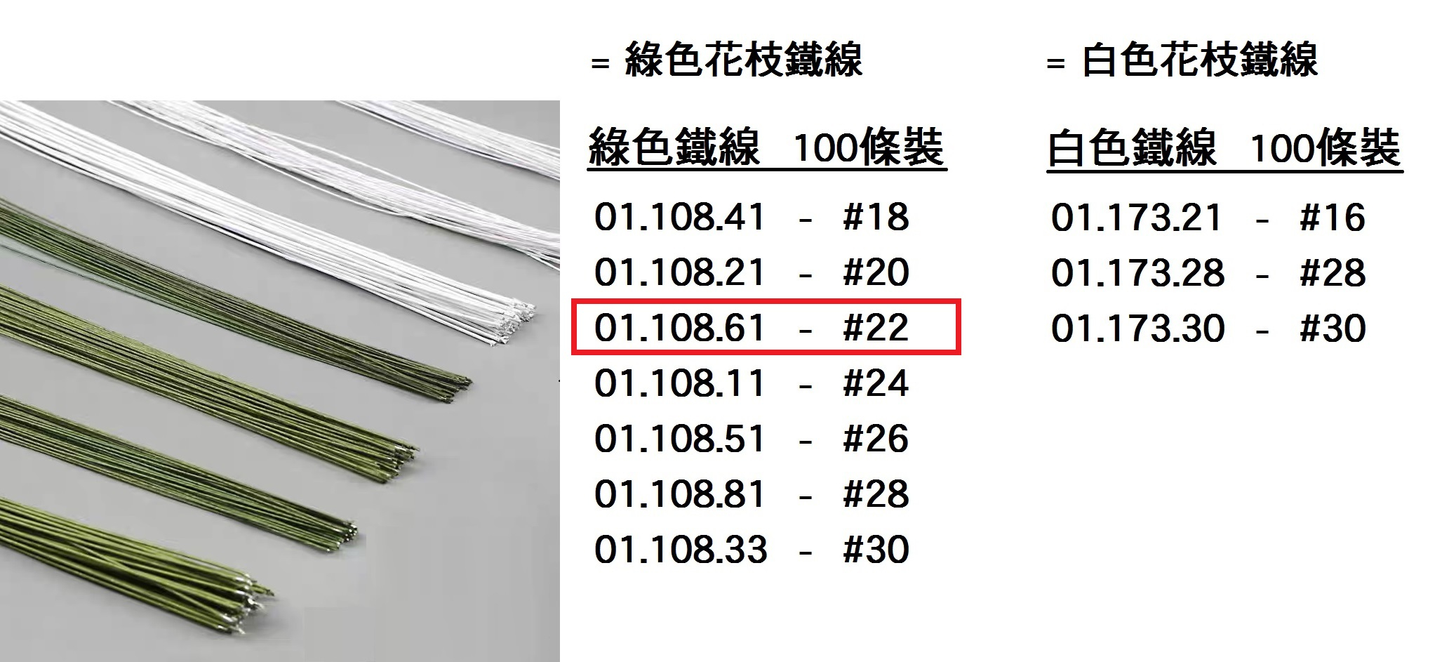 01.108.61 _綠色鐵線 #22  100pcs